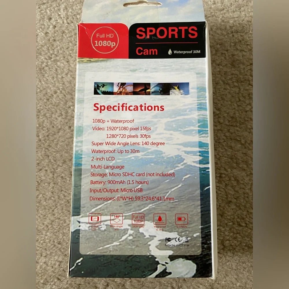 SPORTS CAM FULL HD 1080p 2.0 INCH SCREEN WATERPROOF 30M UNUSED